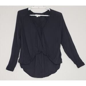 Silence + Noise Top XS Long Sleeve Black Criss Cross Deep V-Neck‎ High Low Rayon